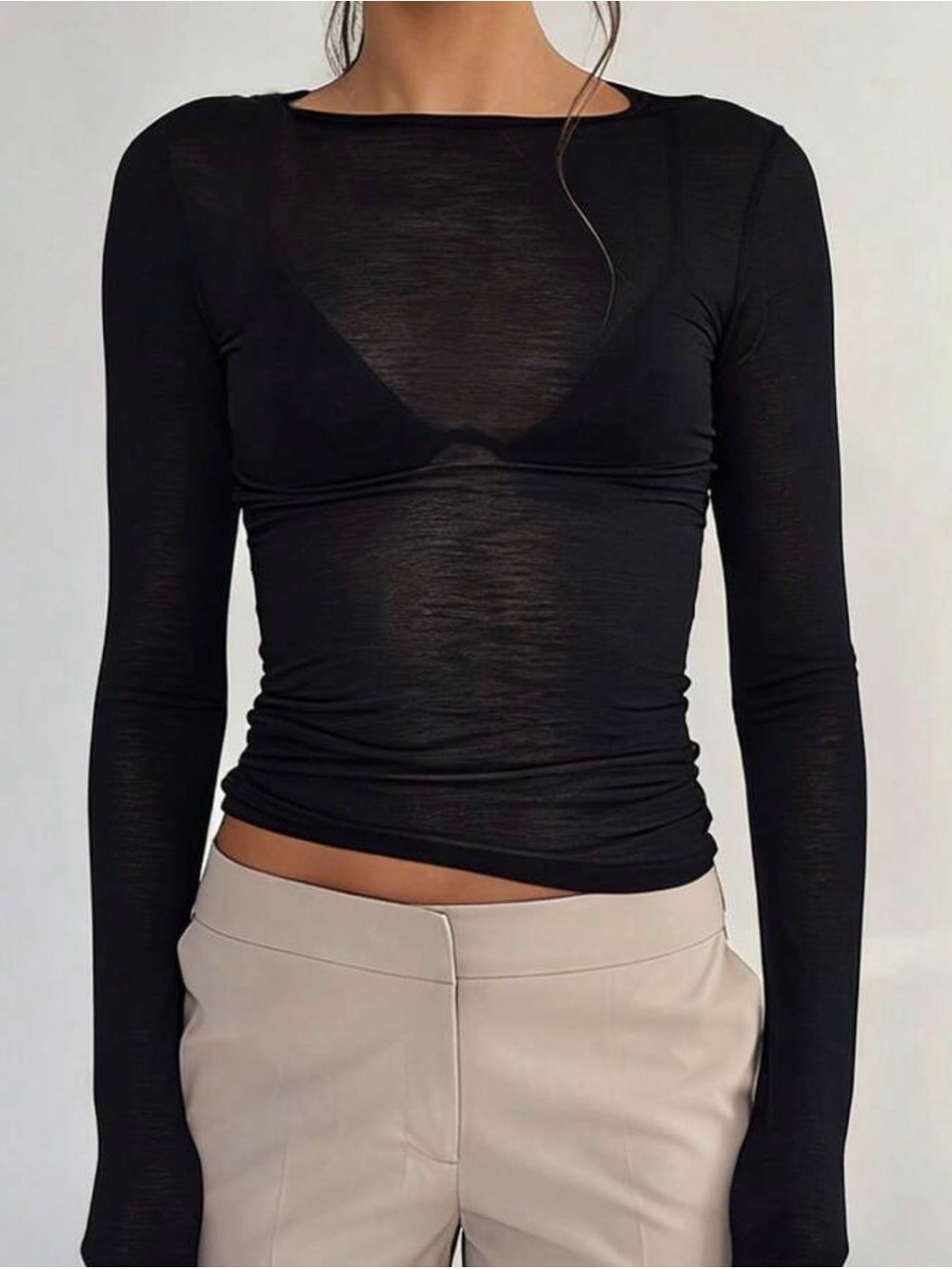 Women’s Slim Long-Sleeve Sheer Black Top